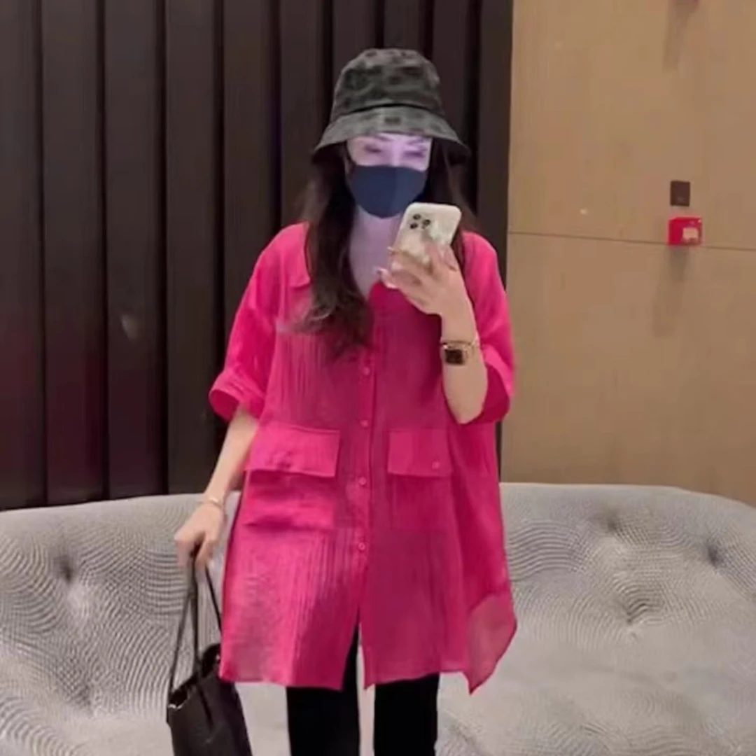 火龙果玫红衬衫女夏新款设计感小众宽松前短后长薄款大版衬衫女款