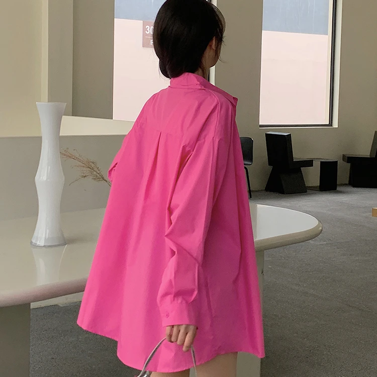 火龙果玫红色长袖衬衫女夏季新款时尚休闲中长款薄款宽松百搭衬衣