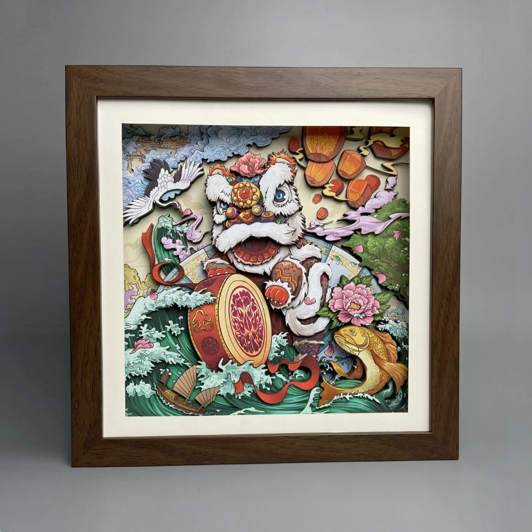 醒狮图过年春节对联摆件纸艺立体画卧室装饰手办生日礼物房间