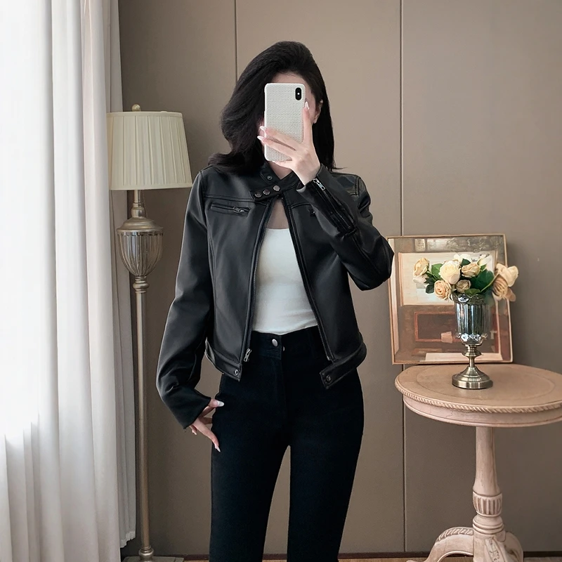 2025秋冬新款复古港风黑色pu皮衣外套女修身短款机车皮夹克上衣潮