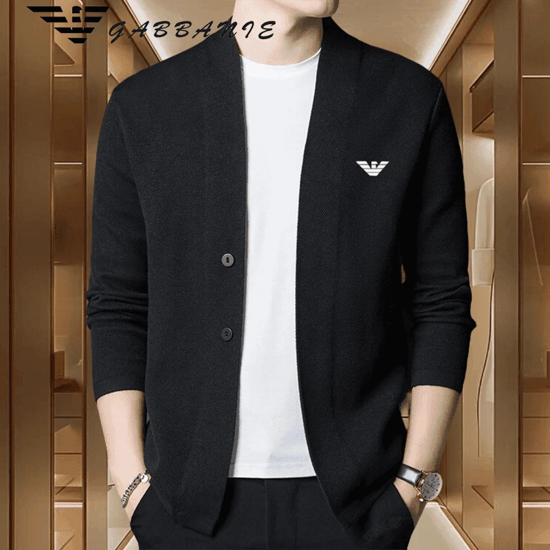 意大利正品大牌高级男士新款针织开衫绵羊毛外套纯色V领毛衣外穿