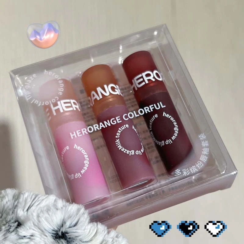 HERORANGE~多彩缤纷奶霜唇泥套装三支装口红唇釉学生平替显白平价