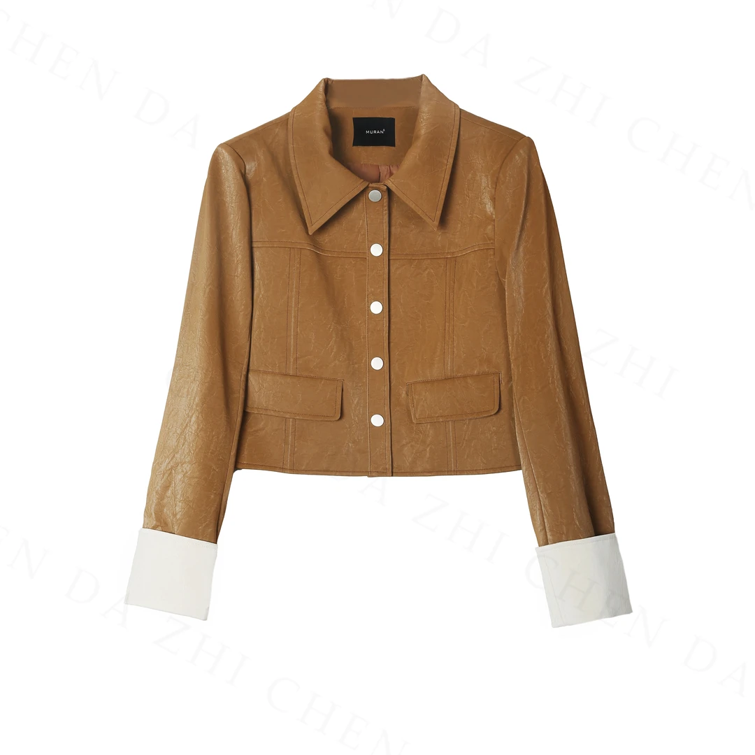 【大只定制】丝绒拿铁 新款韩系卷边短款翻领皮衣夹克外套3QWXZ1897