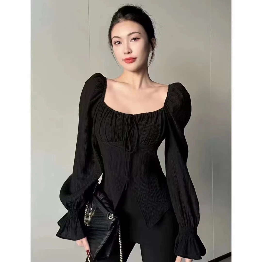 JINQ气质减龄黑色法式喇叭袖衬衫夏季方领衬衣女修身百搭上衣潮