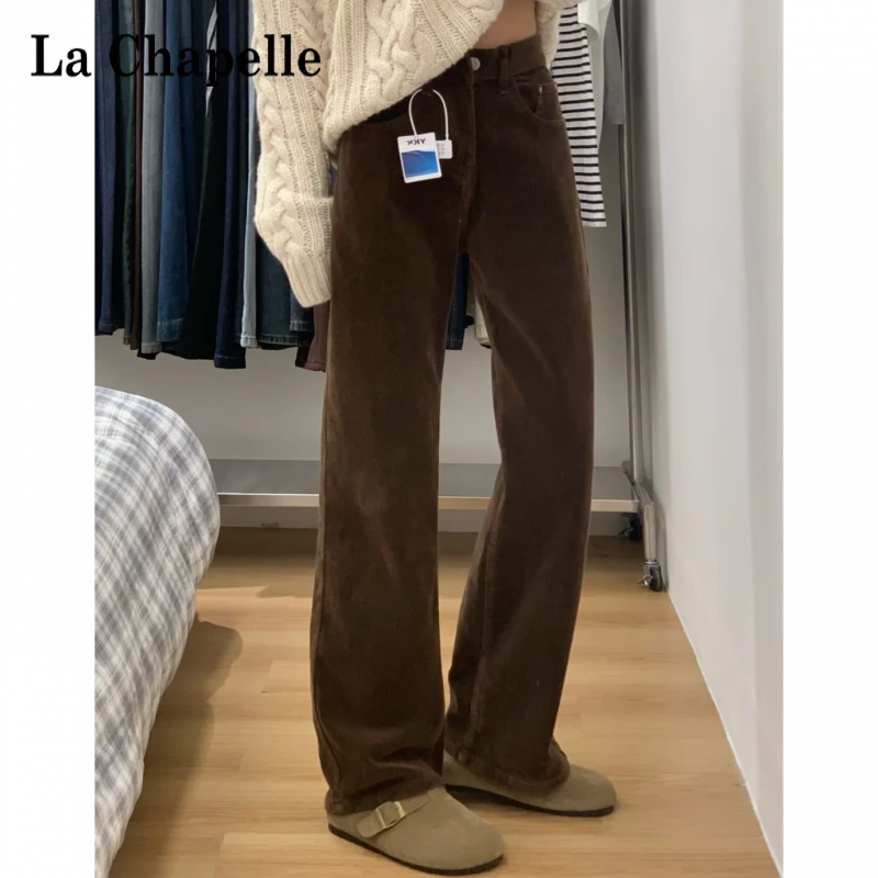 拉夏贝尔灯芯绒裤子女复古高腰洋气休闲小个子咖色直筒裤通勤裤子