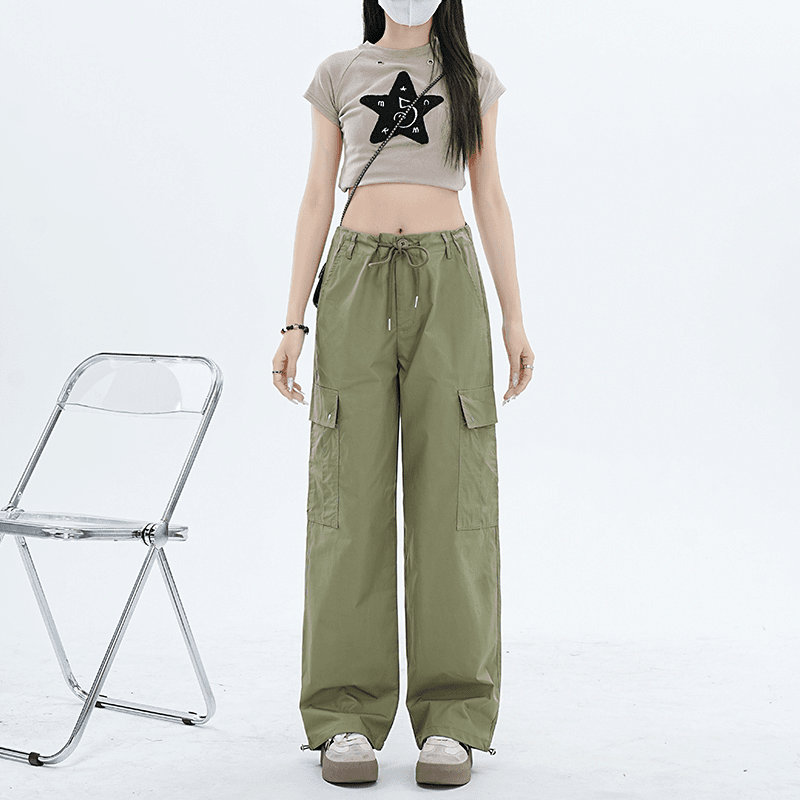 啄木鳥军绿色美式工装裤女夏薄款宽松高腰多口袋百搭直筒阔腿裤子