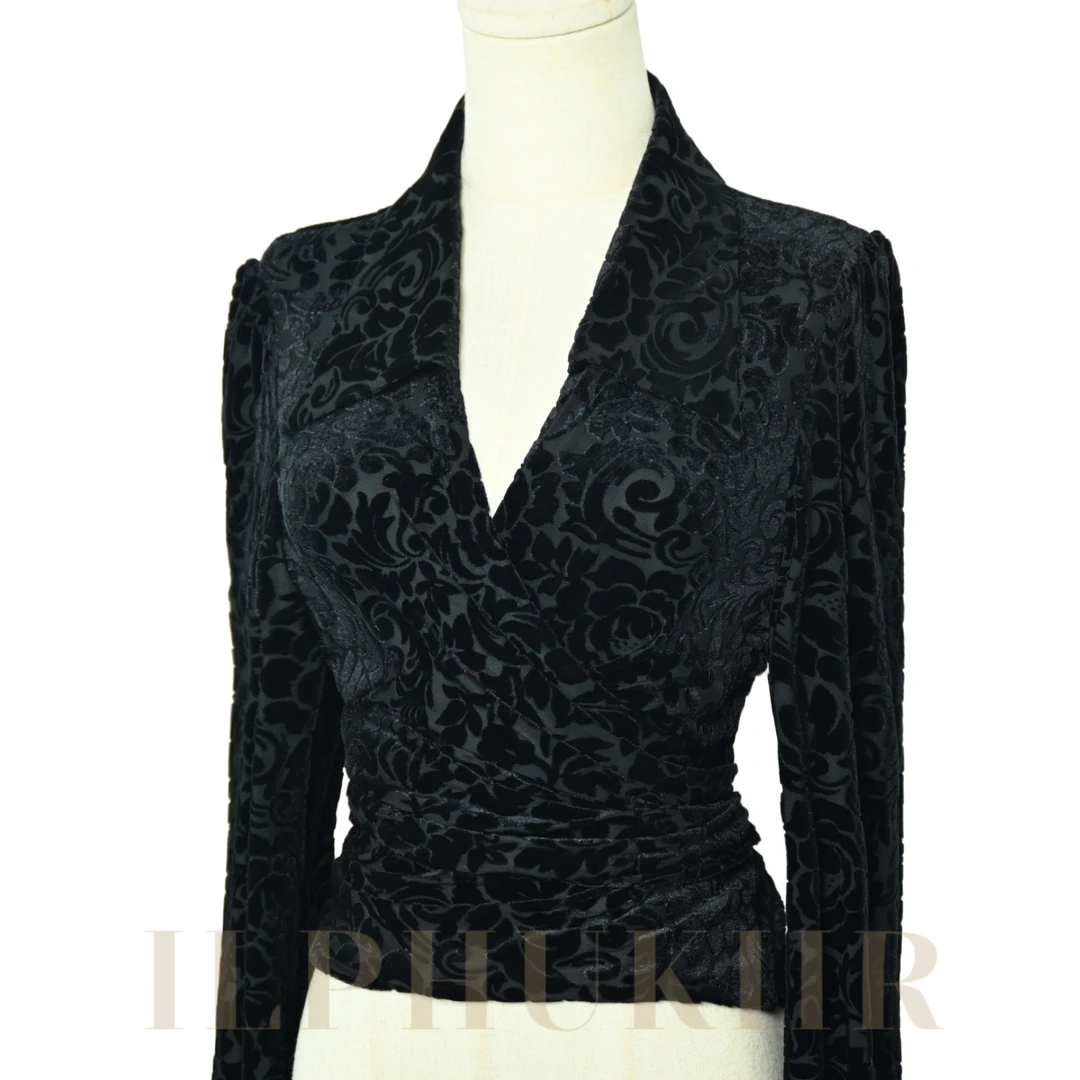 ILPHUKIIR 【黑松露】系带领衬衣蕾丝提花复古黑色打底印花秋冬