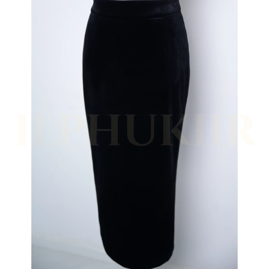 ILPHUKIIR 【重磅黑丝绒】修身加厚双层丝绒后开叉秋冬款高腰半裙