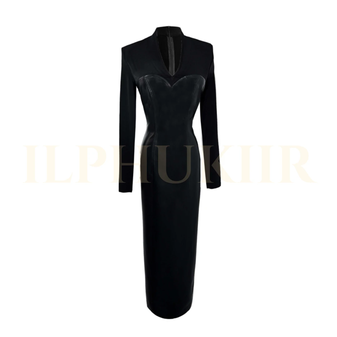 ILPHUKIIR  【伯爵夫人】V领假两件拼接弹力针织修身中长款连衣裙