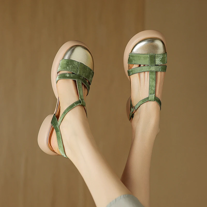 羊皮+牛皮/跟高4cm夏季新款凉鞋女粗跟厚底包头丁字带
