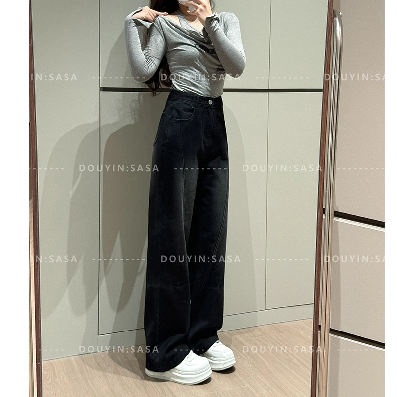 拼接设计高腰宽松阔腿牛仔裤女2025春夏新款垂感显瘦梨形百搭裤子