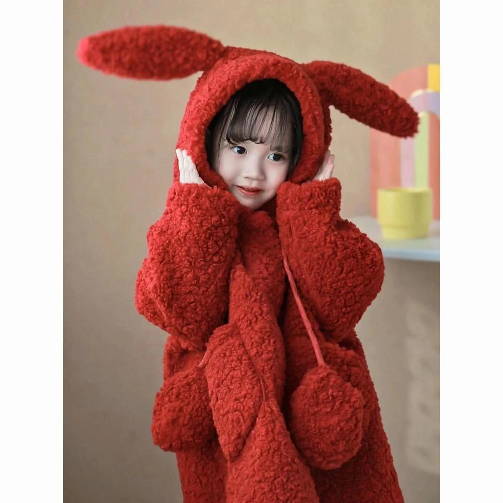 女童毛毛外套秋冬款2023新款儿童冬季加绒加厚羊羔绒红色过年服冬