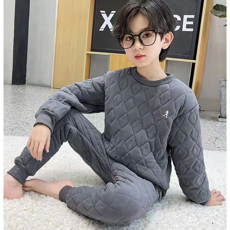 儿童加绒加厚保暖内衣冬季校服神器中大童三层夹棉内搭蚕丝棉套装