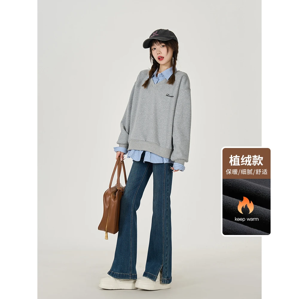 王家有鱼2024年秋冬爆款加绒开叉百搭休闲微喇裤修身显瘦牛仔裤女