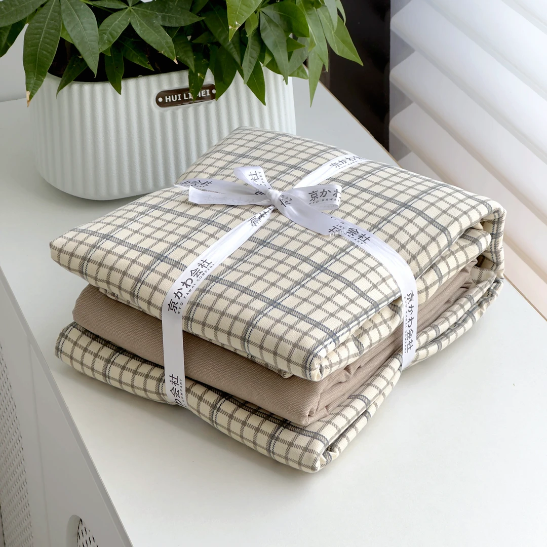 【京かわ会社】双层纱磨毛四件套 灰小格