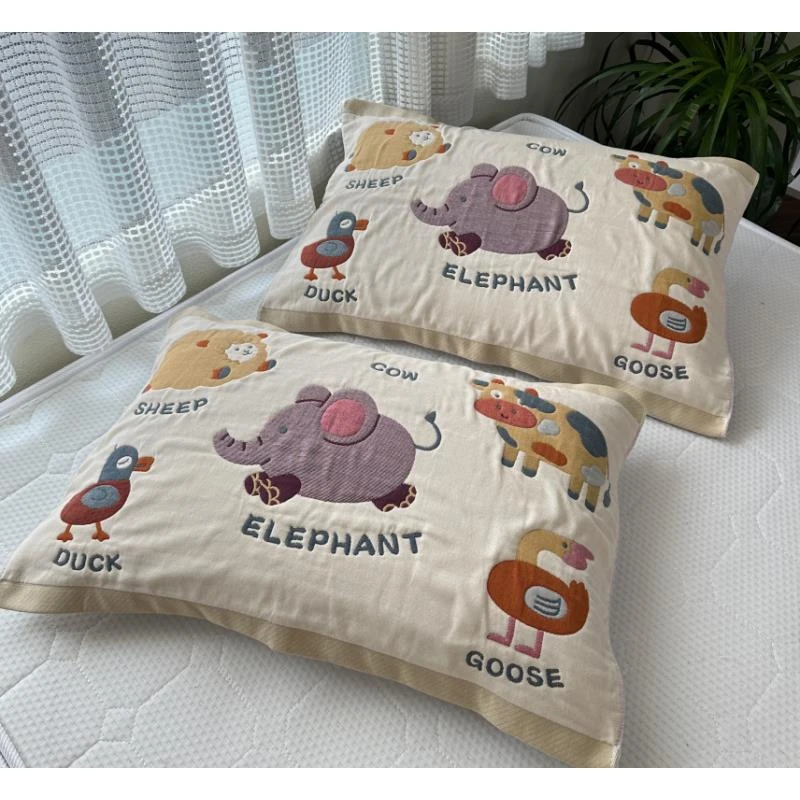 【京かわ会社】纯棉纱布枕巾 十层加厚一对装枕头巾 动物农场