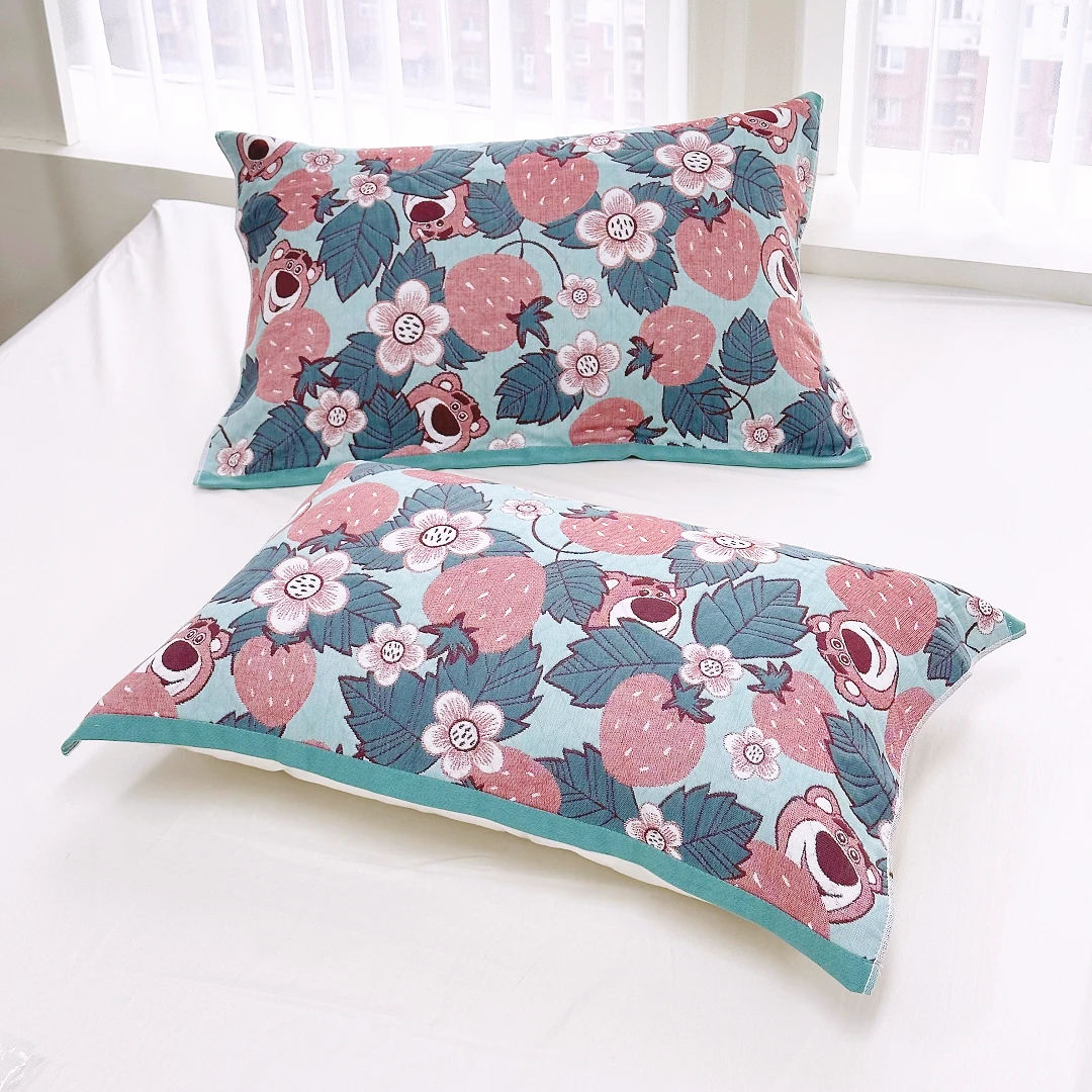 【京かわ会社】一对装纱布枕巾两条装防滑枕巾52*75cm 蓝色草莓熊