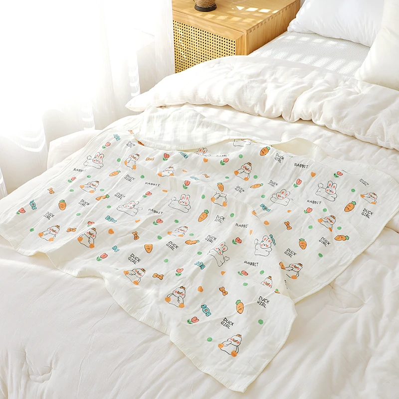 【京かわ会社】全棉纱布盖毯 纯棉儿童卡通童被 90*90cm 胡萝卜兔黄