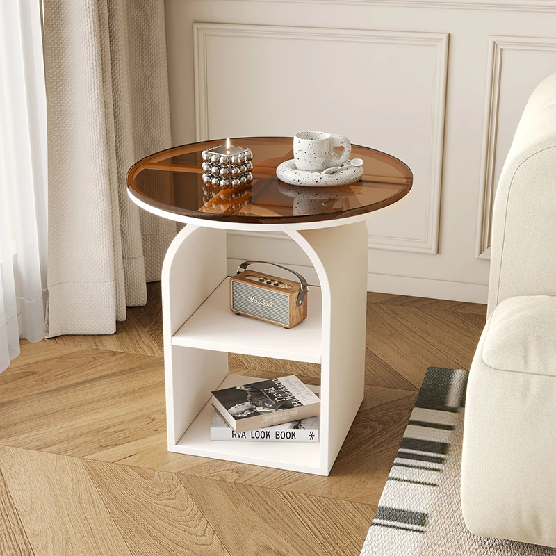 奶油风客厅家用沙发边几铁艺圆形玻璃茶几简约现代创意置物小圆桌