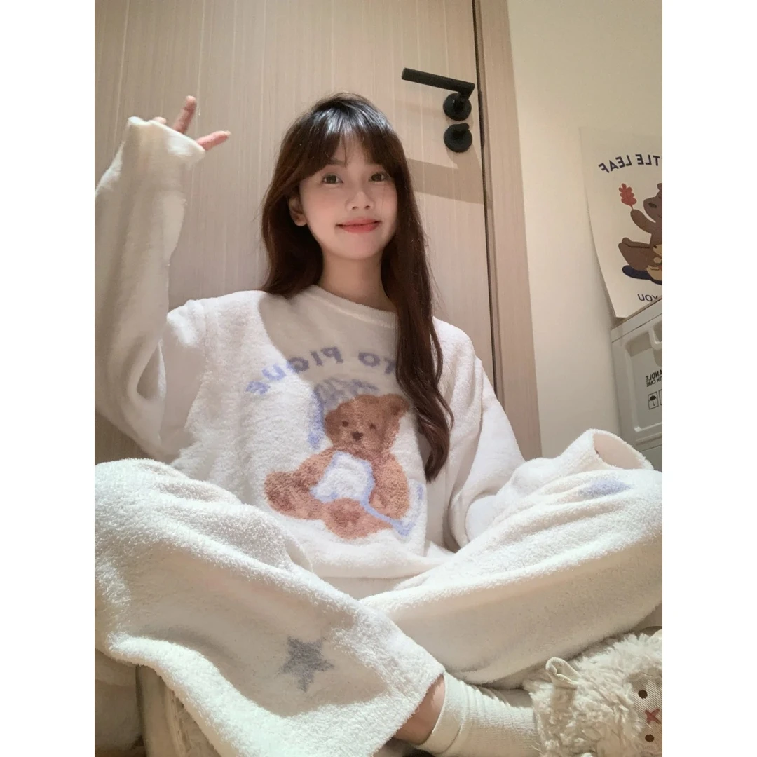 【安睡熊】软乎乎小熊刺绣新款慵懒风加厚半边绒毛衣睡衣家居服冬