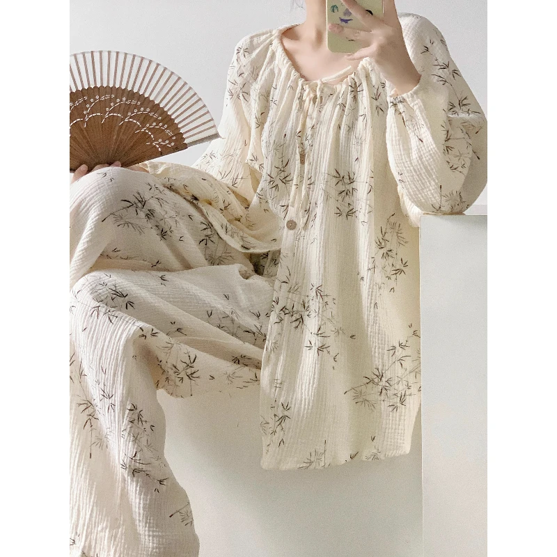 【双层棉纱】新中式国风婴儿纱睡衣女套装初秋新款长袖长裤家居服