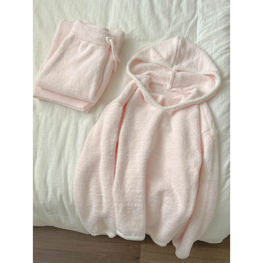 高级纯色连帽半边绒睡衣女冬季加厚保暖2024新款家居服套装可外穿