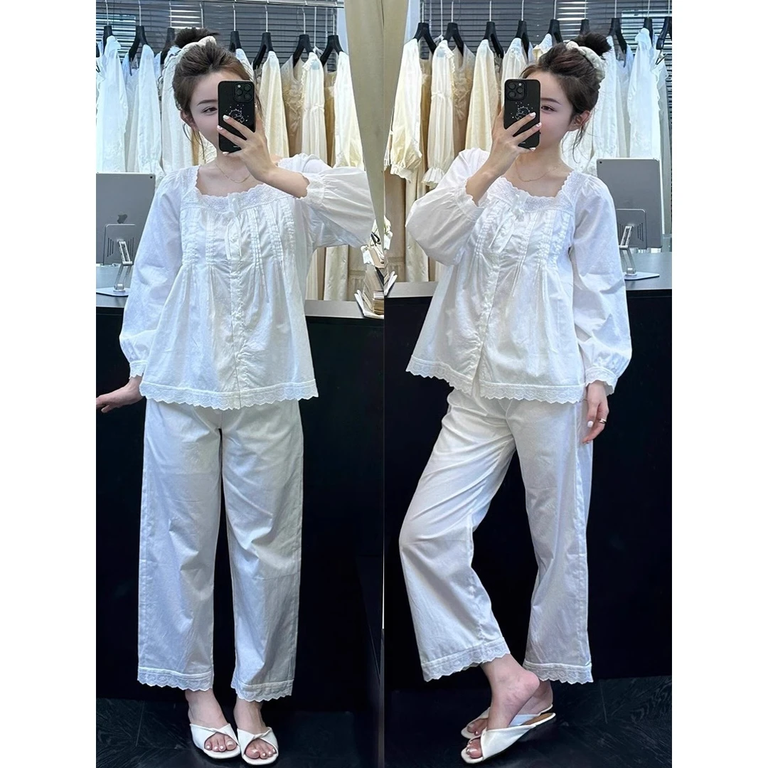 法式宫廷风长袖睡衣2025春秋款家居服女高级白色家居服套装可外穿