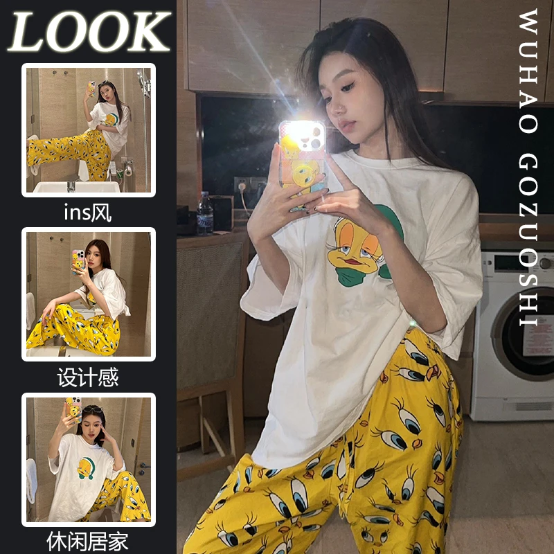 ins韩版可爱小黄鸭印花网红睡衣女夏天2025新款宽松大码居家套装.