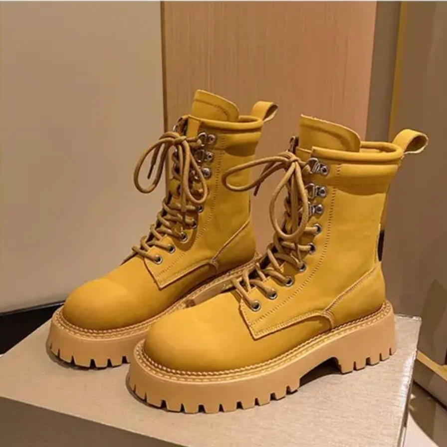 复古英伦风厚底增高休闲百搭马丁靴时尚秋季高帮ins系带大黄靴