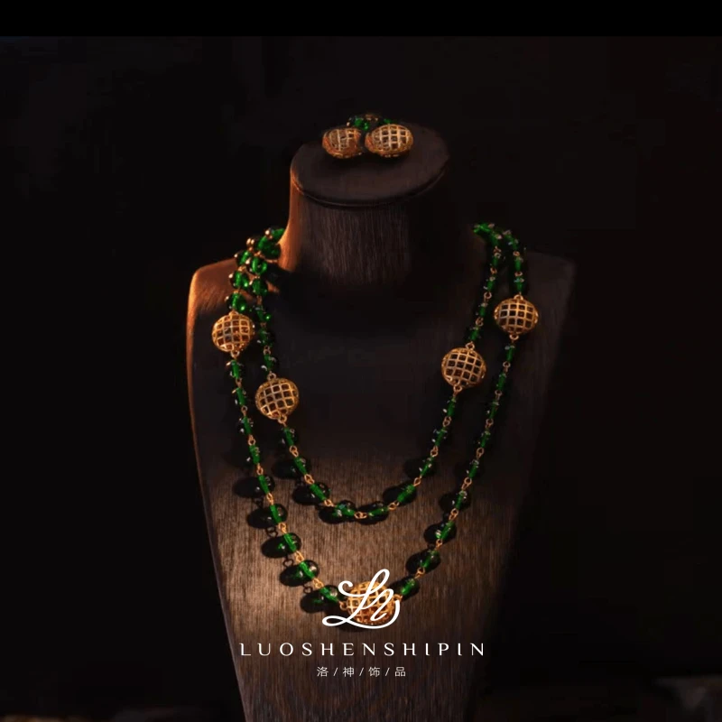 合金项链 中古小香风绿琉璃长款项链耳钉套组  0472