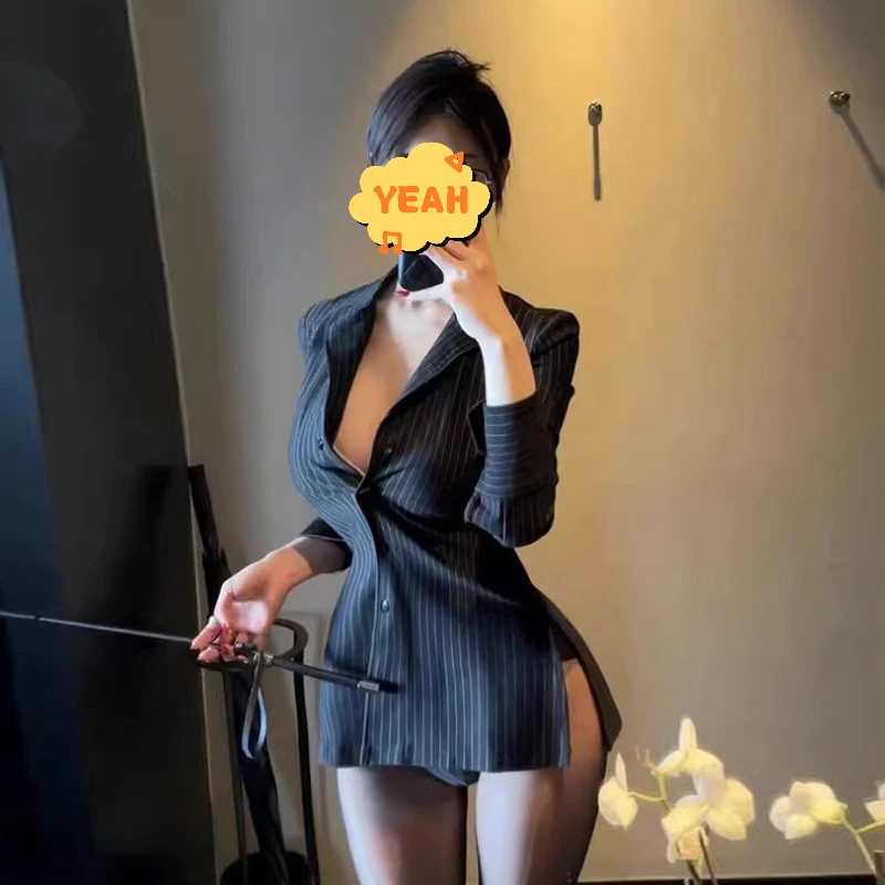 纯欲收腰制服黑紧身女衬衣衬衫修身JK御姐条纹春秋OL职业长袖性感
