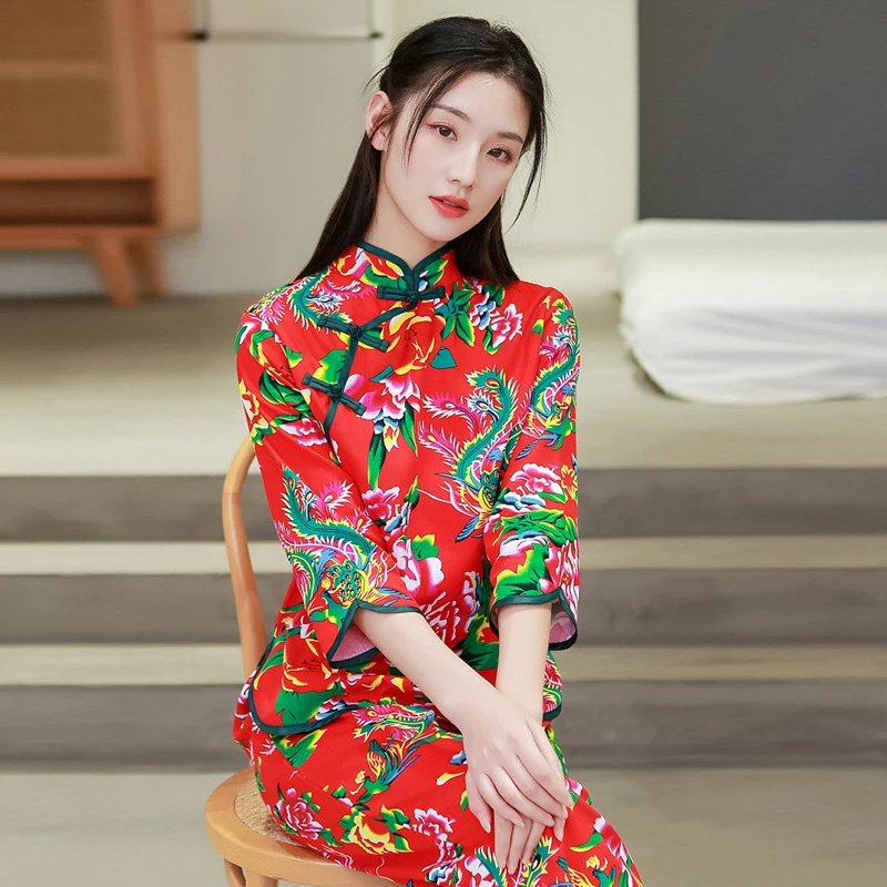 长袖大花布衣服女村姑服装睡衣套装民族风网红村花秧歌服外套国潮