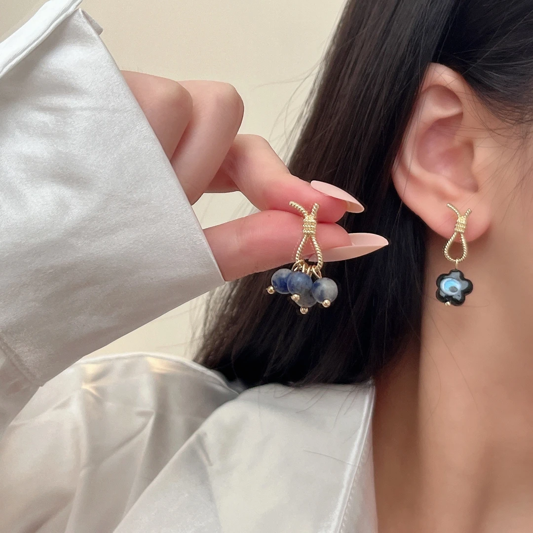 合金琉璃耳饰 欧阳娜娜同款s925不对称蓝色琉璃珠耳环独特耳钉