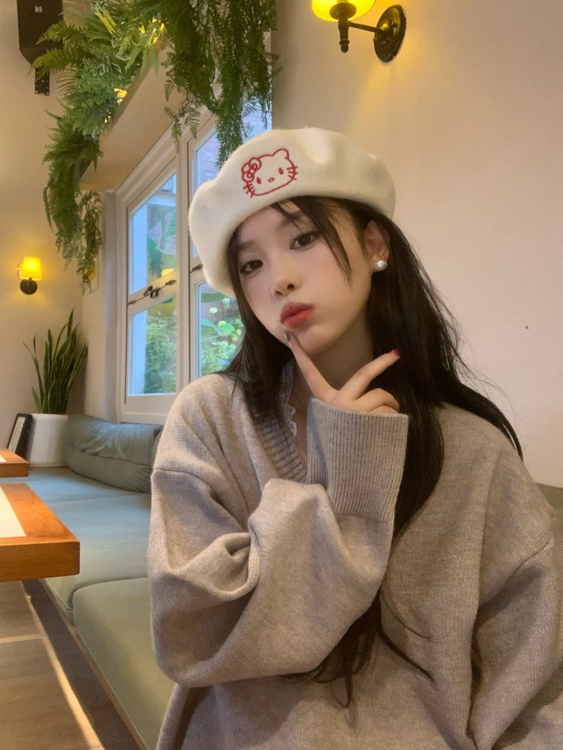 hello凯蒂猫kitty贝雷帽日系复古画家帽显脸小羊毛呢百搭可爱学生