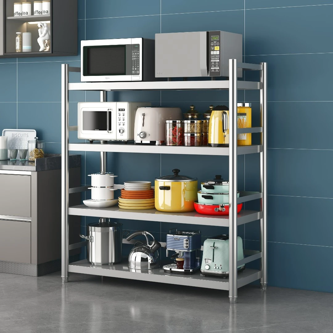 【4层带围栏】不锈钢厨房置物架落地式微波炉烤箱收纳架子家用货架