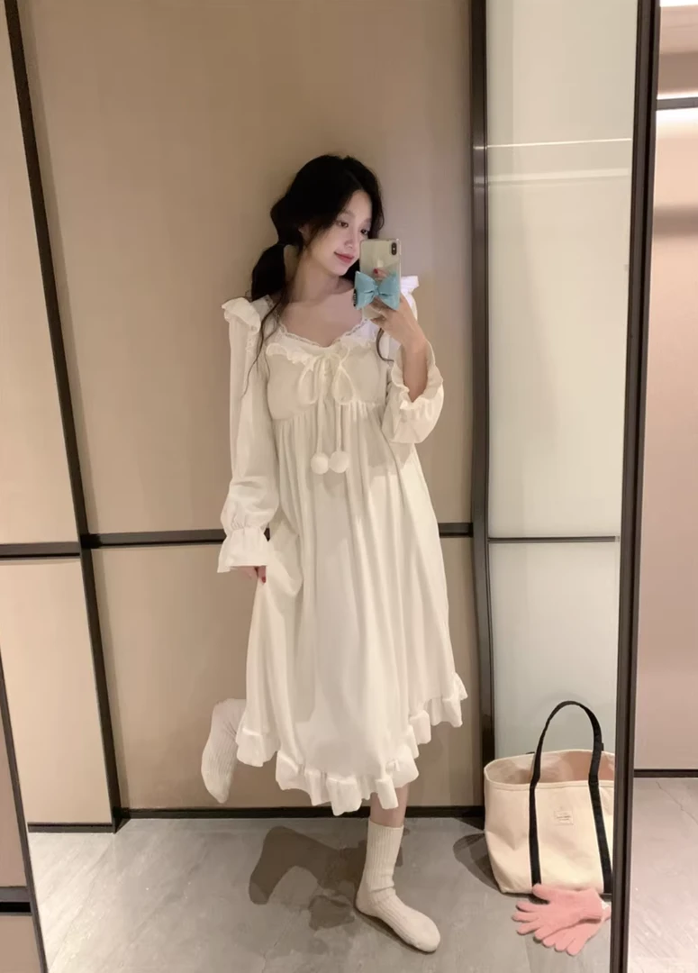 查理夫人【晚安公主】长袖韩版甜美公主风长款网红娃娃领海岛绒睡裙