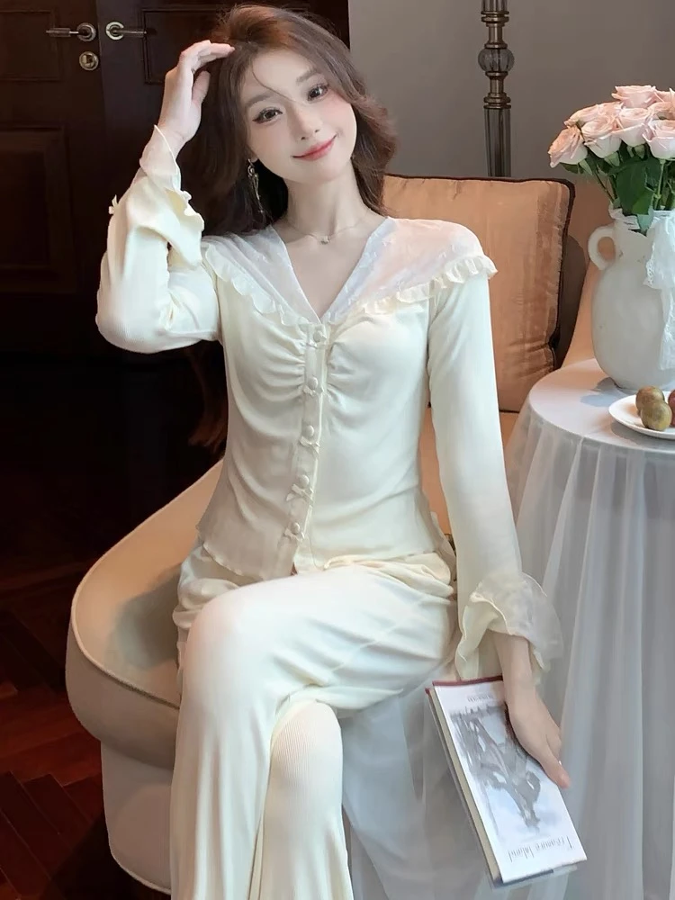 新款睡衣女千金风法式春秋季海岛绒奢华带胸垫家居服保暖套装冬