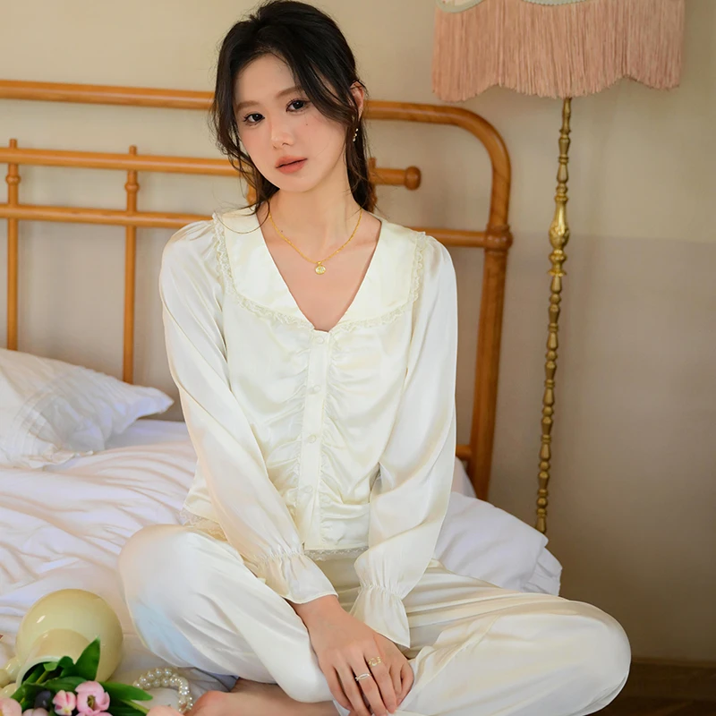 查理夫人【白鹿】2024春季新款丝滑睡衣娃娃领睡衣女套装舒适甜美
