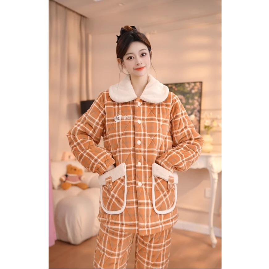 查理夫人【秋日】甜美格纹加绒保暖睡衣套装女士秋冬季家居服