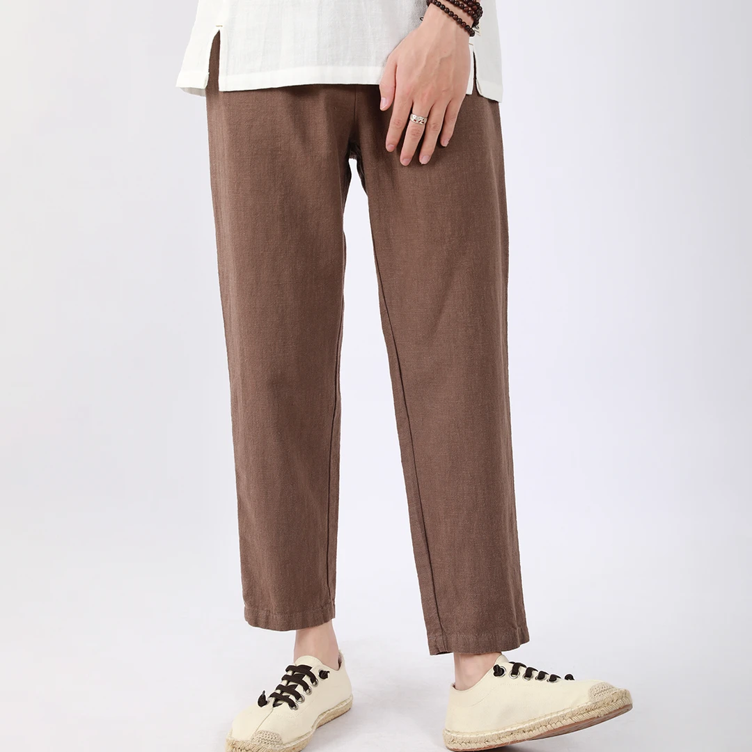 【现货-秦远】秋季男士苎麻休闲裤宽松纯色中式棉麻裤大码