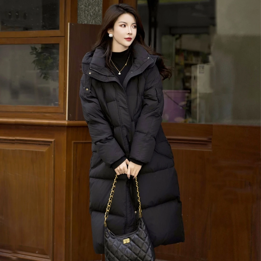新【国标90绒】连帽中长款保暖羽绒服女士韩版收腰加厚过膝秋冬冬季