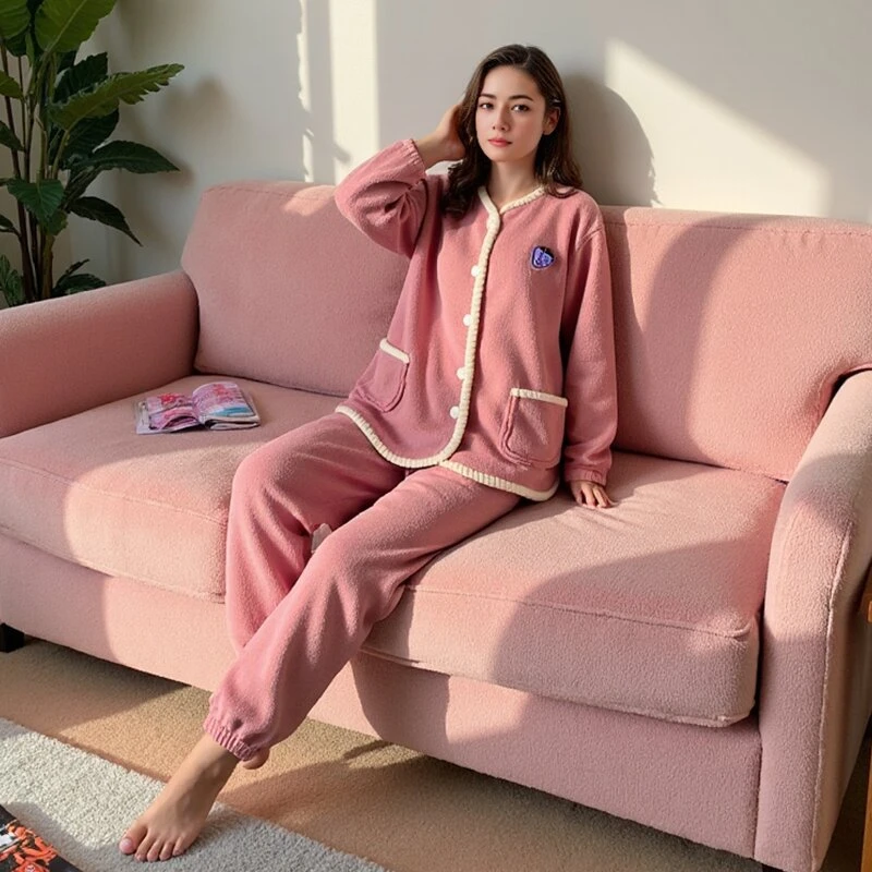 冬季牛奶绒薄款大码加厚保暖可外穿家居服睡衣宽松休闲长袖套装