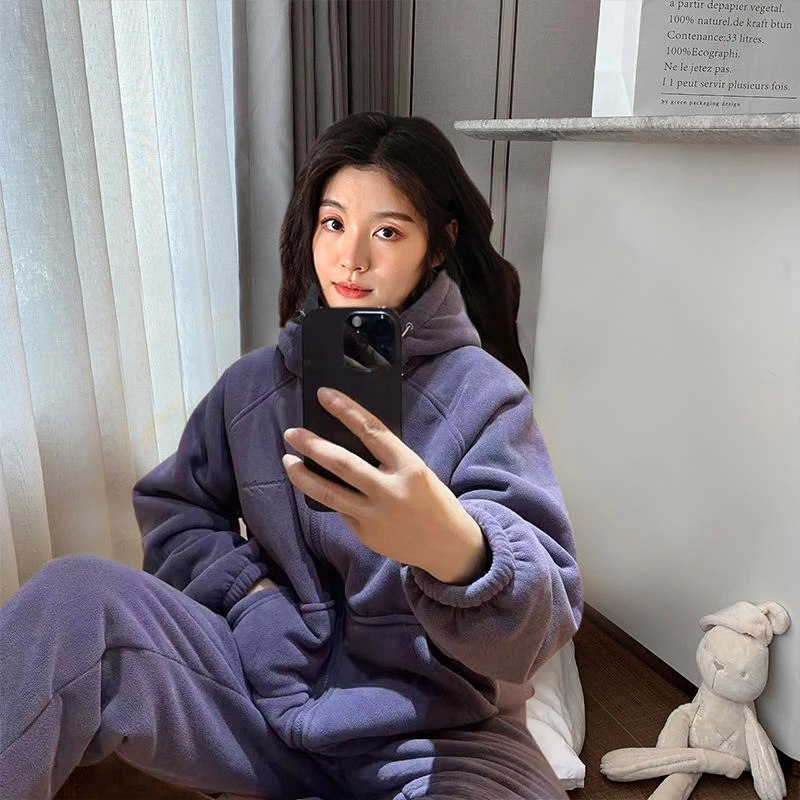 【亿菲】休闲海豚绒加厚加绒冬季大码保暖可外穿连帽家居服睡衣套装