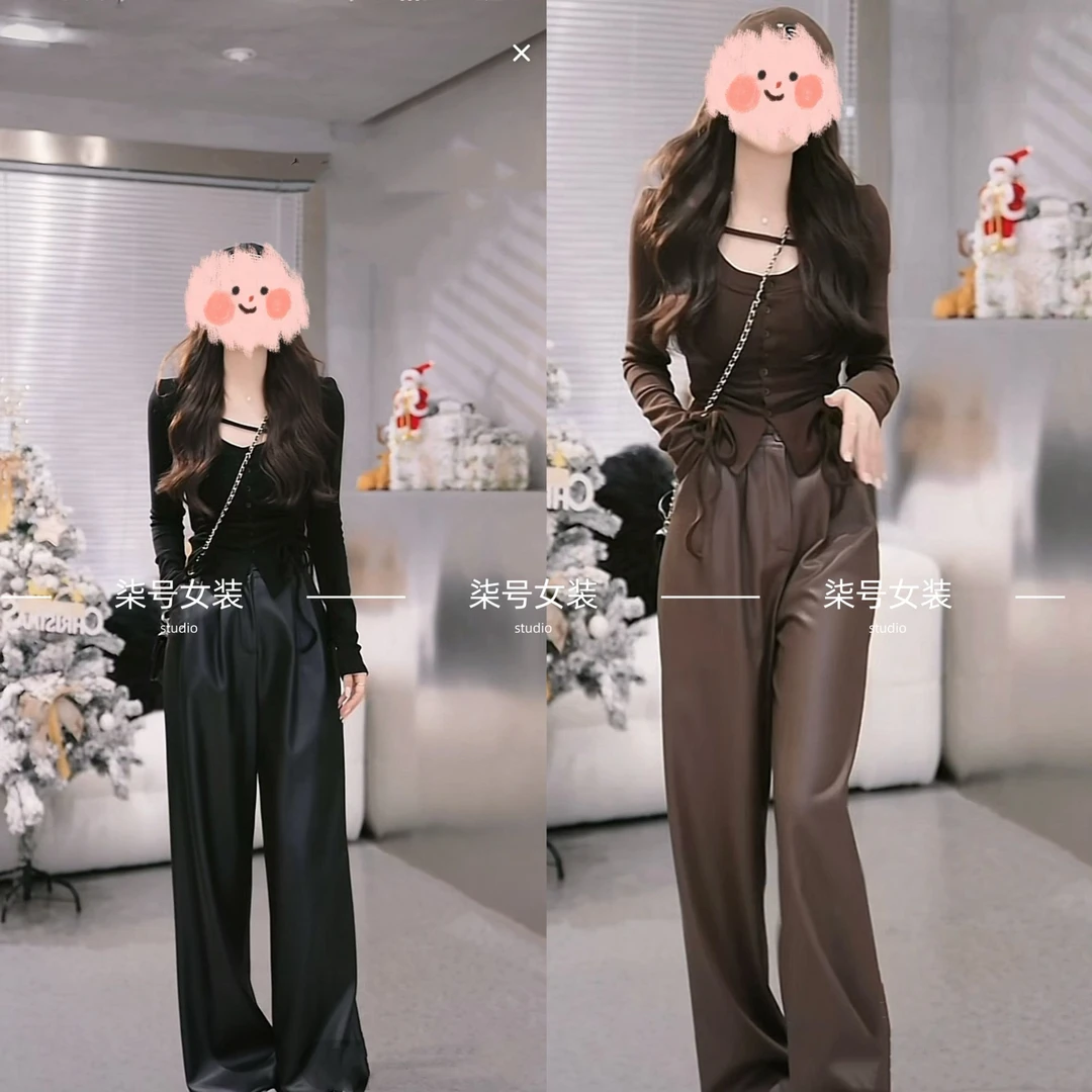 秋冬设计U领排扣皱褶抽绳收腰显瘦垫肩上衣+美飒高腰阔腿皮长裤女