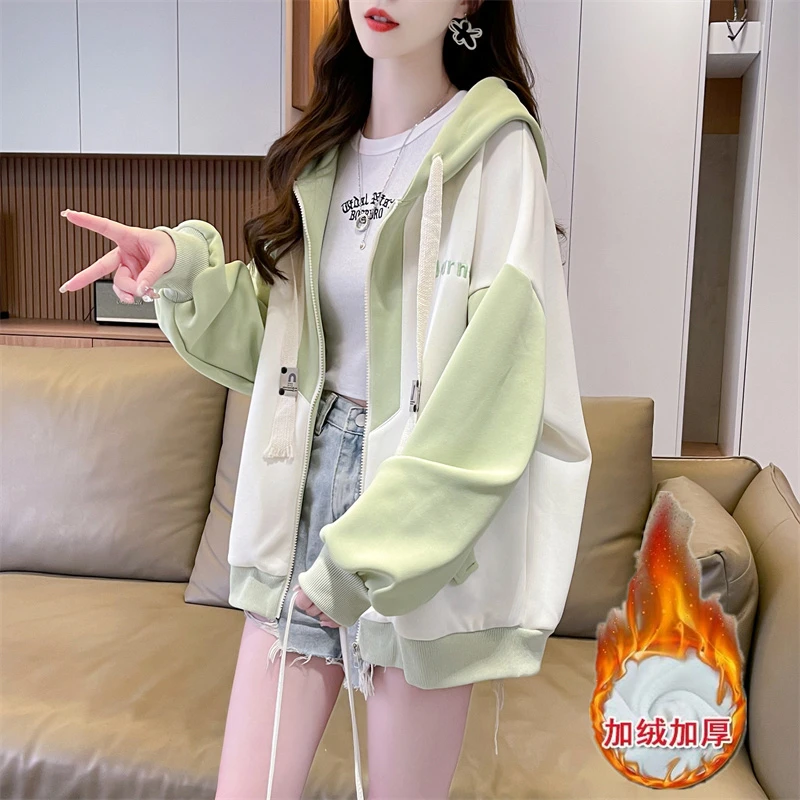 学院风减龄撞色连帽开衫棒球服卫衣女秋冬季加绒加厚韩版宽松外套