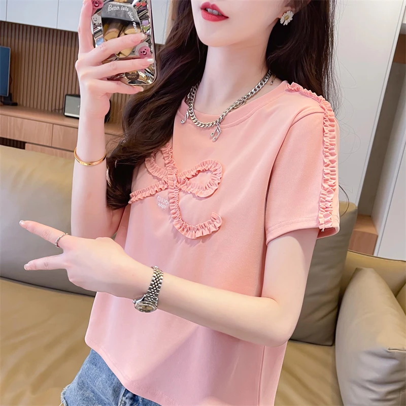 甜美风蝴蝶结正肩短袖t恤女夏季新款韩版修身显瘦短款设计感上衣