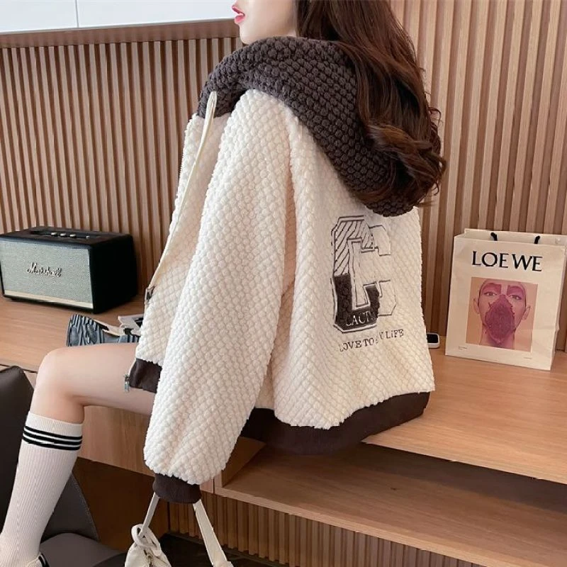 个性小个子羊羔绒连帽卫衣女韩版宽松秋冬季加绒加厚保暖上衣外套