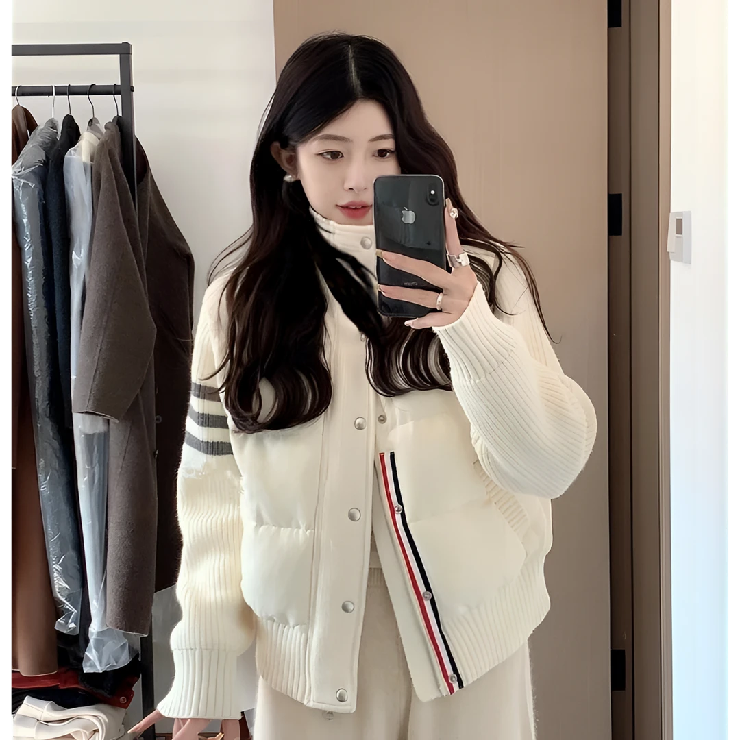 薄款韩系小个子短款棉服女假两件冬季新款针织拼接设计感小众外套