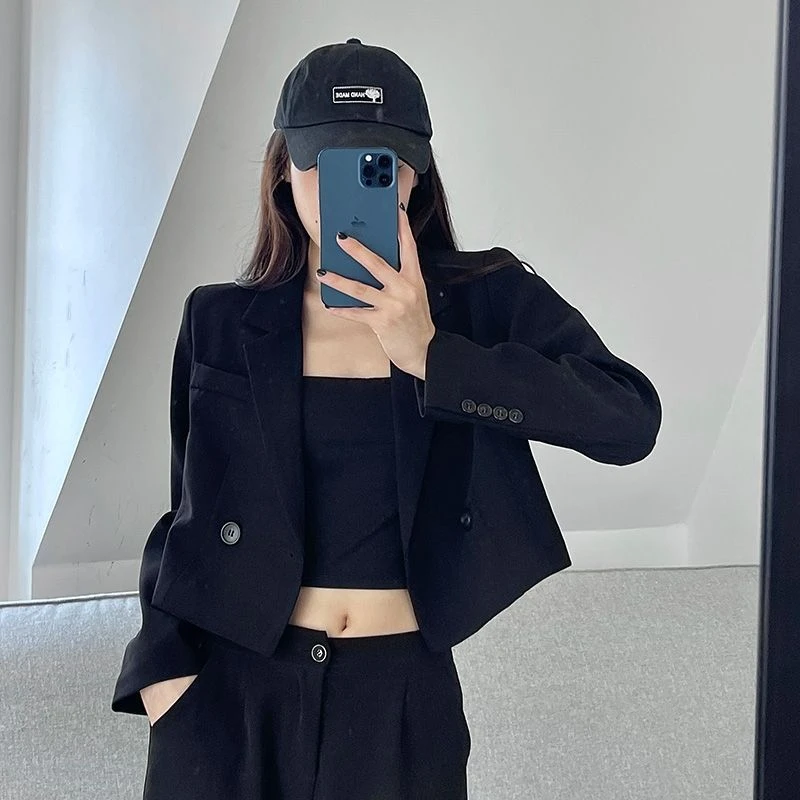 chic复古短款黑色西装外套女2024春季新款高级感炸街韩版休闲西服