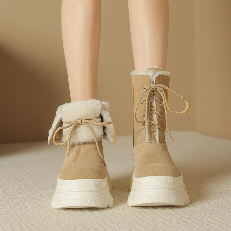 牛皮东北大棉毛毛时尚两穿雪地靴 户外运动保暖8cm跟防滑厚底系带